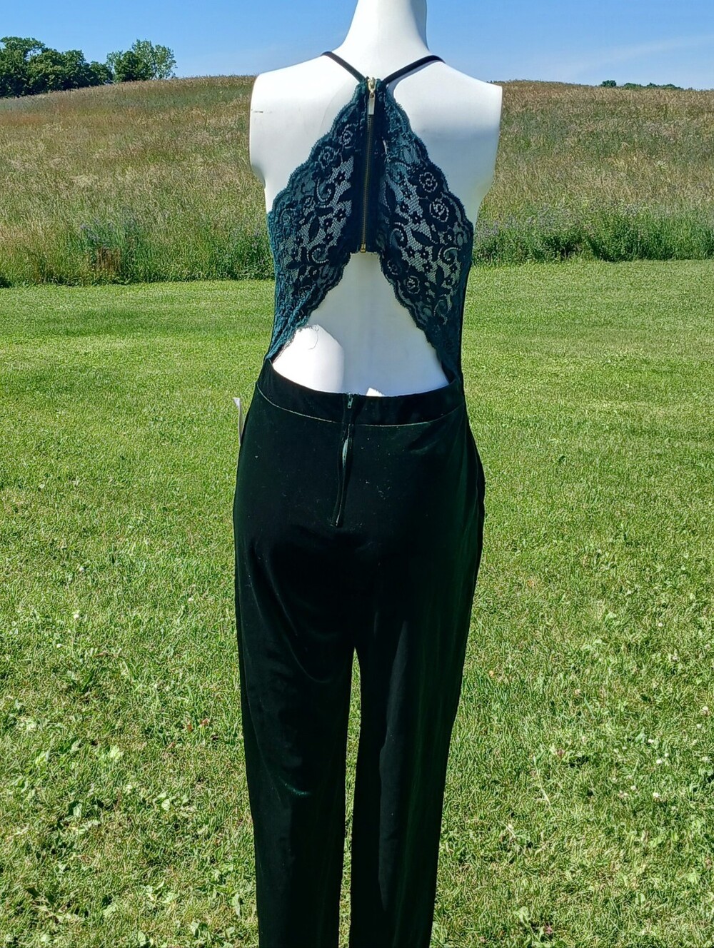 NEW NWT Green Velour Lace Back Jumpsuit womens size 11/12 emerald forest velvet
